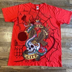 Ed Hardy y2k Red Men’s Tee with Skull, Eagle & Snake Graphic